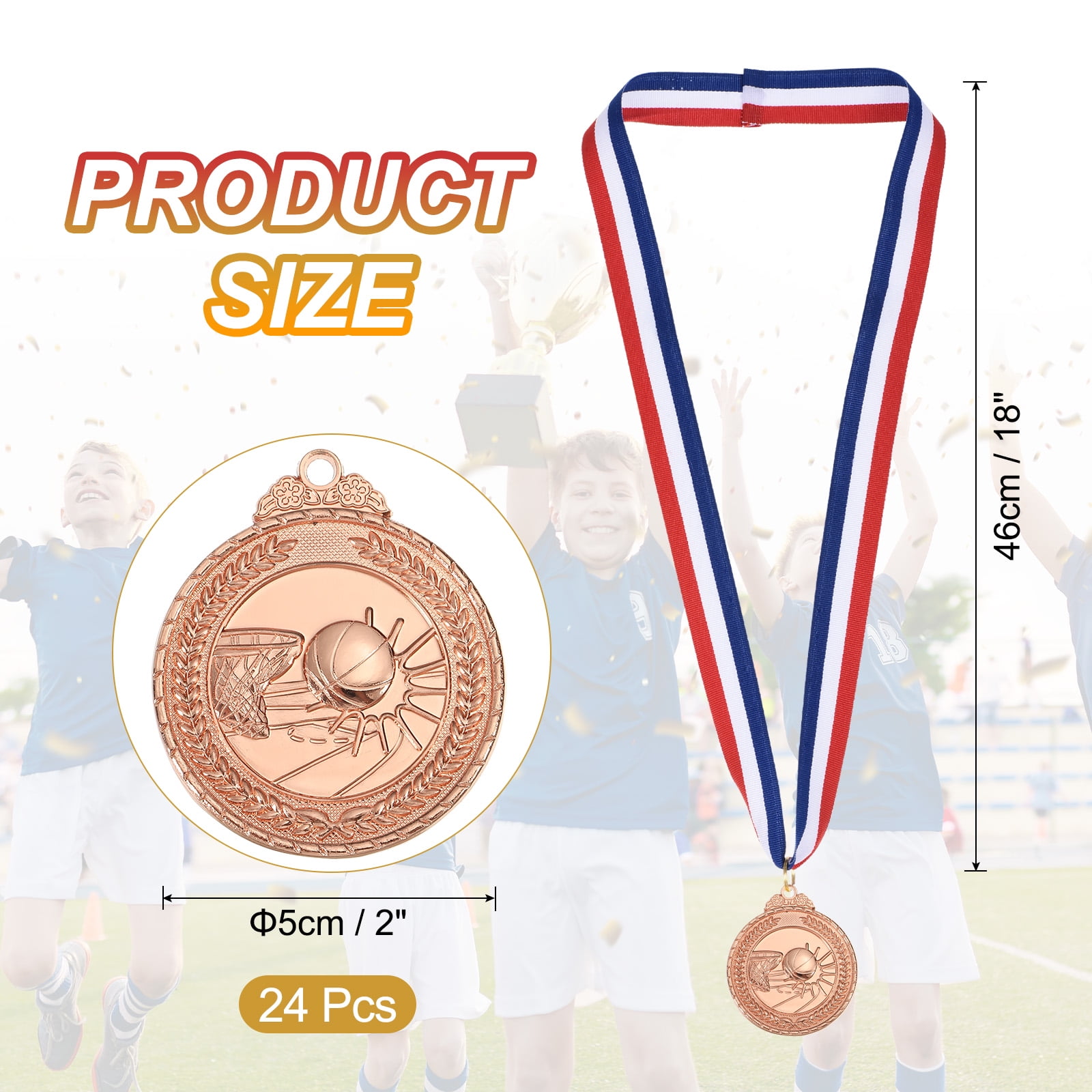 Uxcell 2 Inch Basketball Medals Bronze Award Medals with Neck Ribbon for Team Sports Games Party Favors 24 Pieces