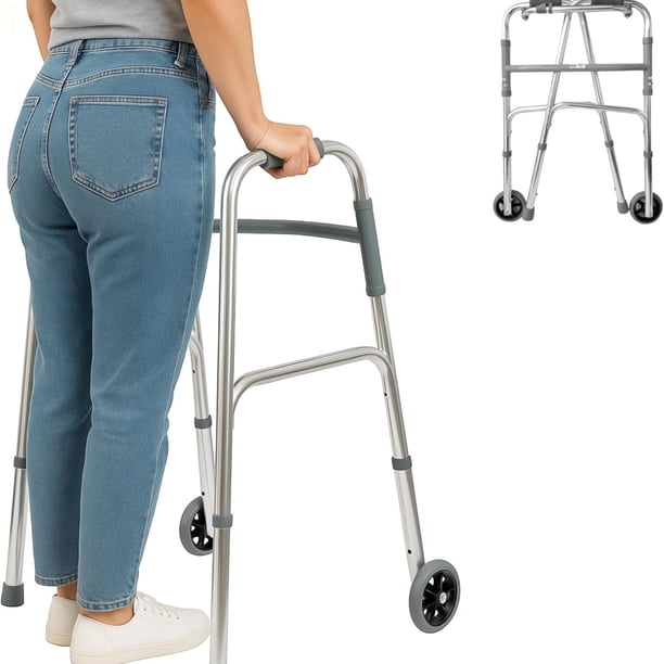 Andadera Ortopédica 2 en 1 con 2 Ruedas | Andador Plegable de Aluminio Ajustable en Altura | Puños Acojinados y Ruedas 5" | Apoyo para Adultos Mayores hasta 110 kg