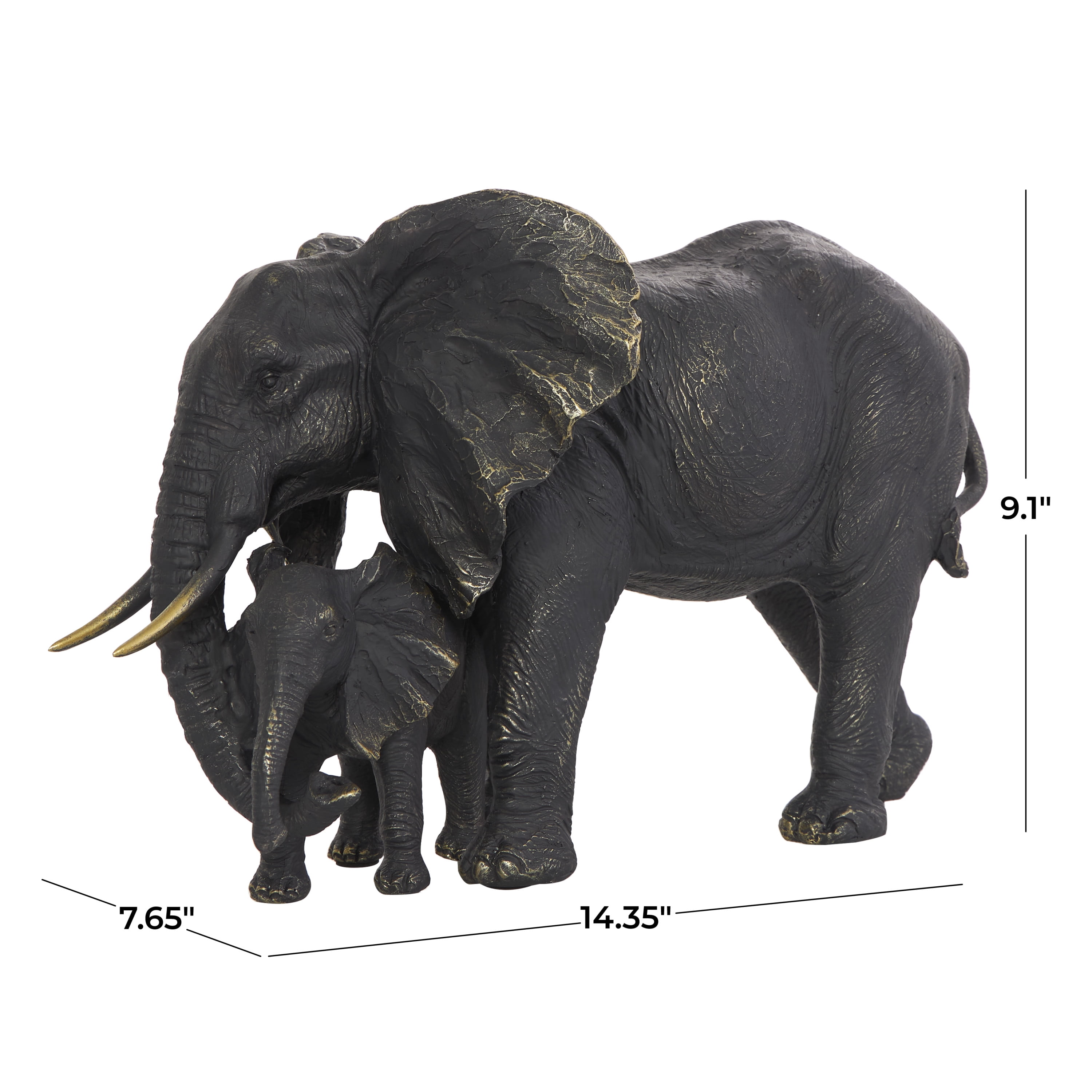 14" x 9" Bronze Polystone Family Elephant Sculpture with Gold Foil Accents, by DecMode