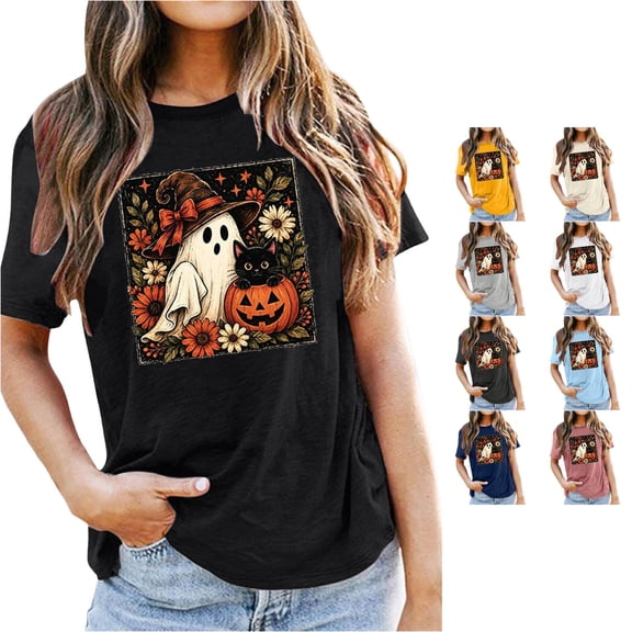 Halloween Shirts for Women Graphic Short Sleeve T Shirt For Everyday Wear Soft Crew Neck Tee With Playful Pattern And Black L