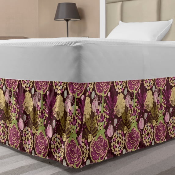 Modern Bed Skirt, Paris Landmark Eiffel Tower Leaves with Maroon Color Backdrop, Elastic Bedskirt Dust Ruffle Wrap Around for Bedding Decor, 4 Sizes, Pale Green Purple, by Ambesonne