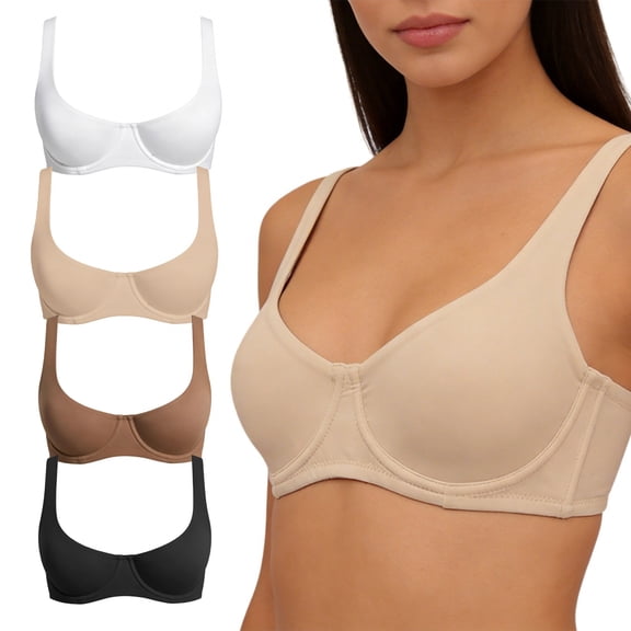 IQOGKRN Women's Underwire Bra Seamless Unpadded Support Bra with Wide Straps for Lift Comfortable Bra Beige L