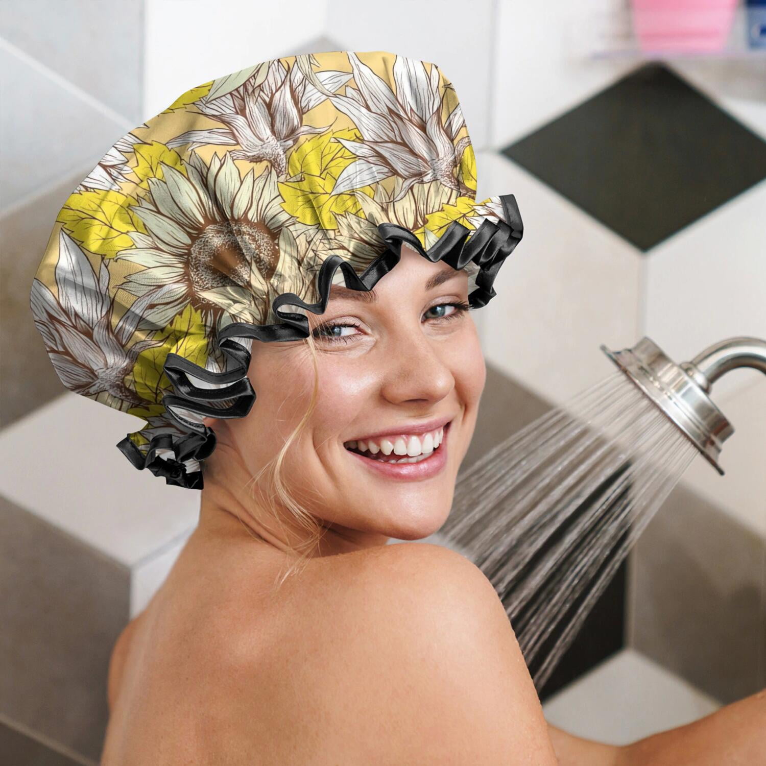 Shower Caps,Yellow Sunflower Bud Leaf Pattern Waterproof Shower Cap for Women 4 Pieces,Double Reusable Hair Cover for Shower PEVA Elastic Stretch Hem