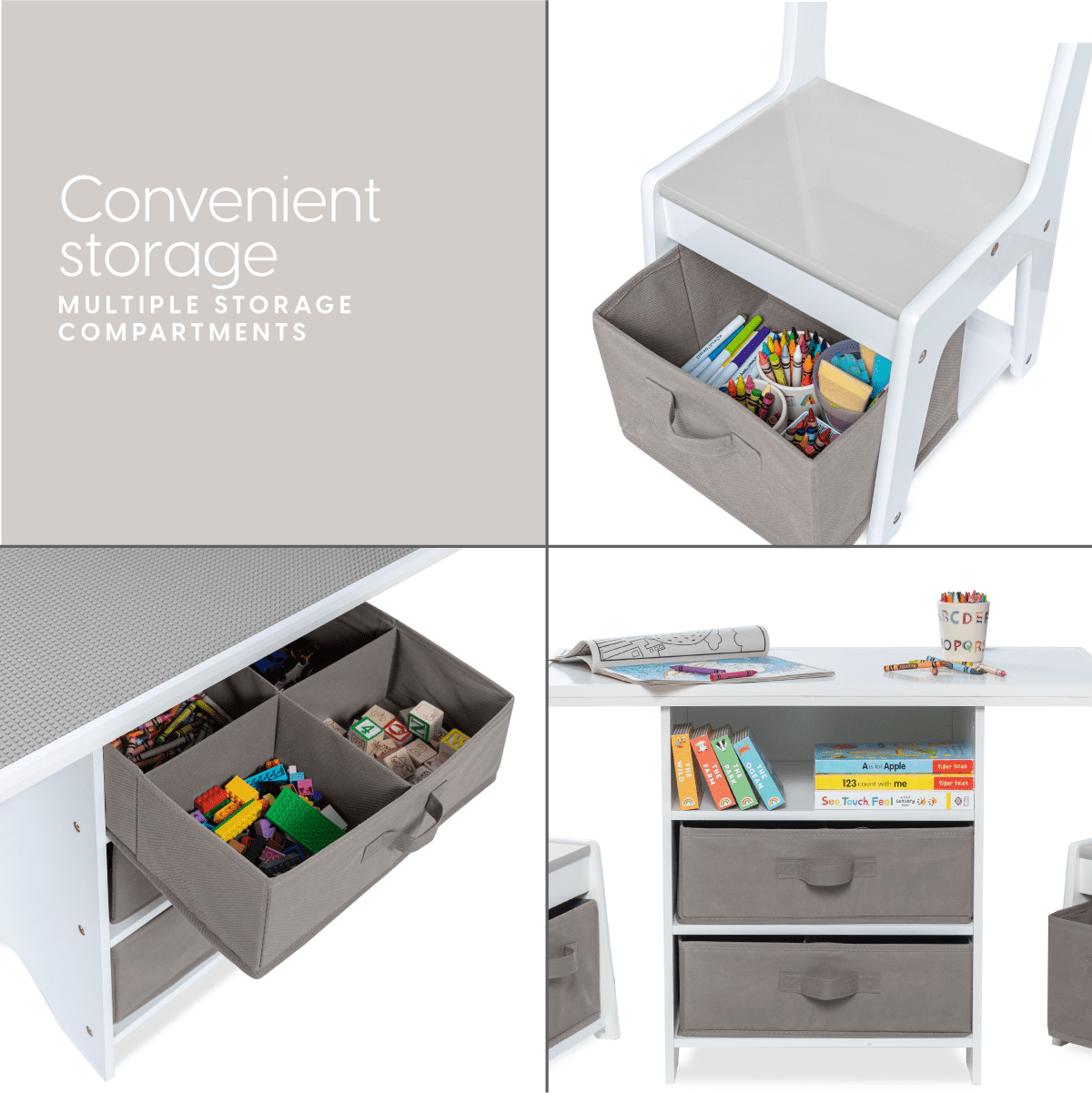 Milliard Kids 3-in-1 Play Table and Chair Set Wood with Storage Baskets, Compatible with Lego and Duplo Bricks, Activity Table Playset Furniture with Modern Gray Colors