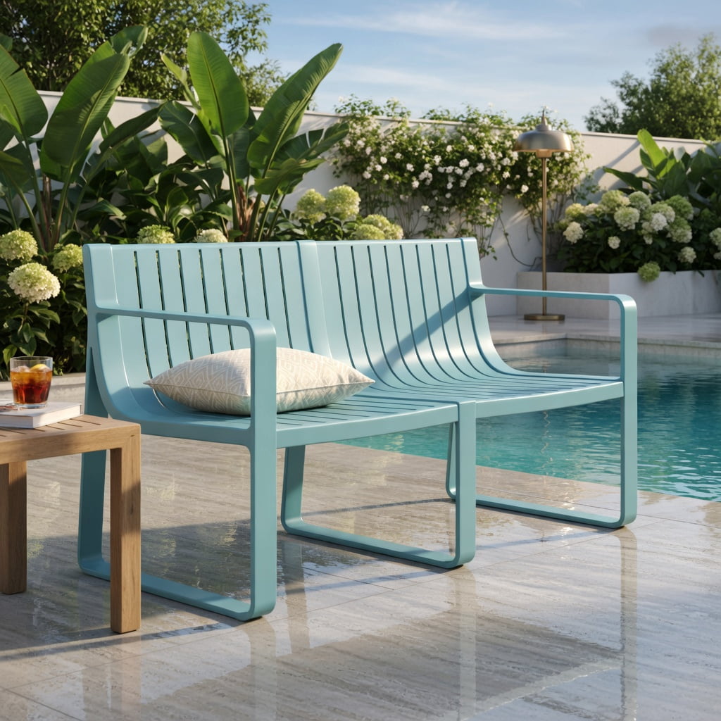 Hommoo Weather-Resistant 2-Person Outdoor Patio Loveseat Bench with Curved Backrest, Heavy-Duty PP Slatted Design for Deck, Poolside & Backyard, Blue