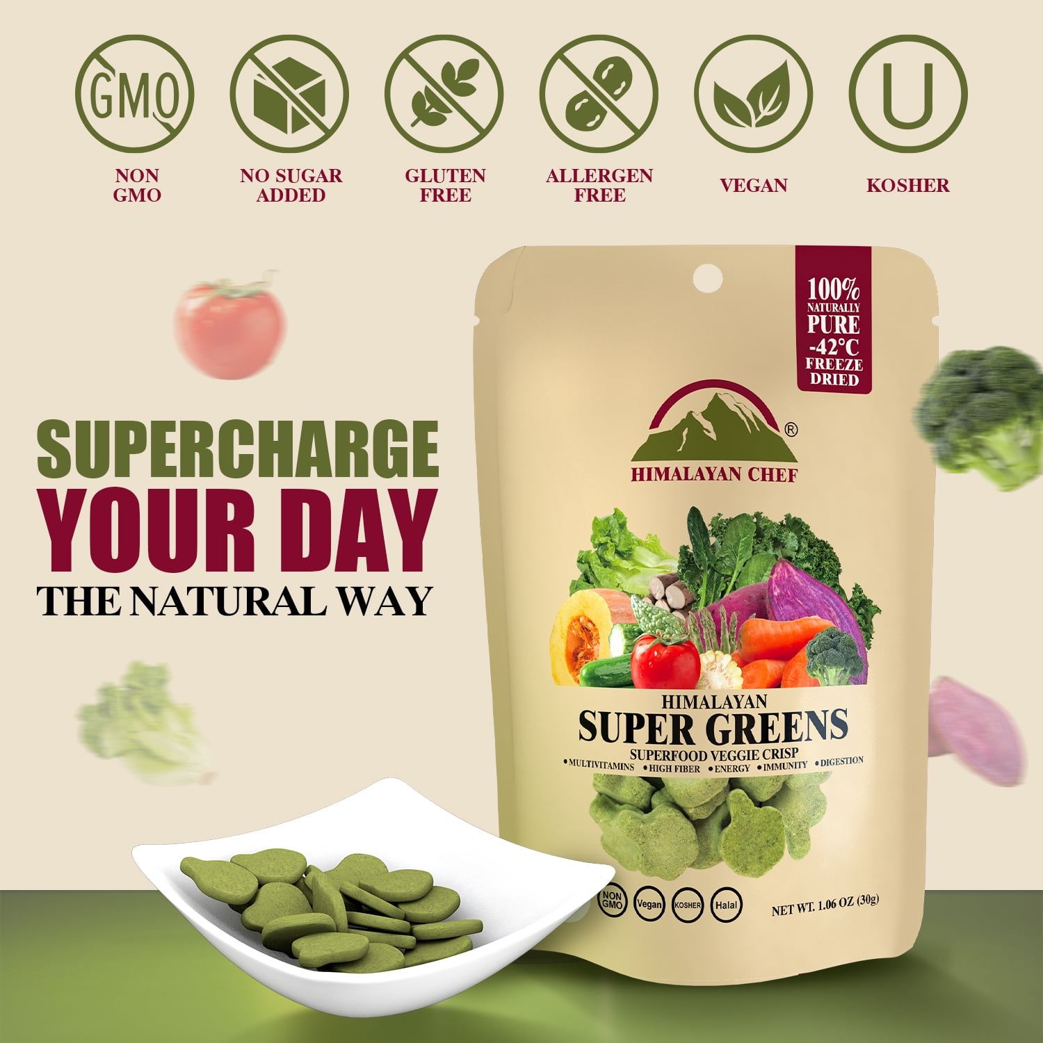 Himalayan Chef Super Greens Veggie Crisp 30g each | Freeze-Dried Superfood Snack | 30+ Organic Green Veggie Mix | Protein-Rich, Nutrient-Packed, Gluten-Free | 10 Pack