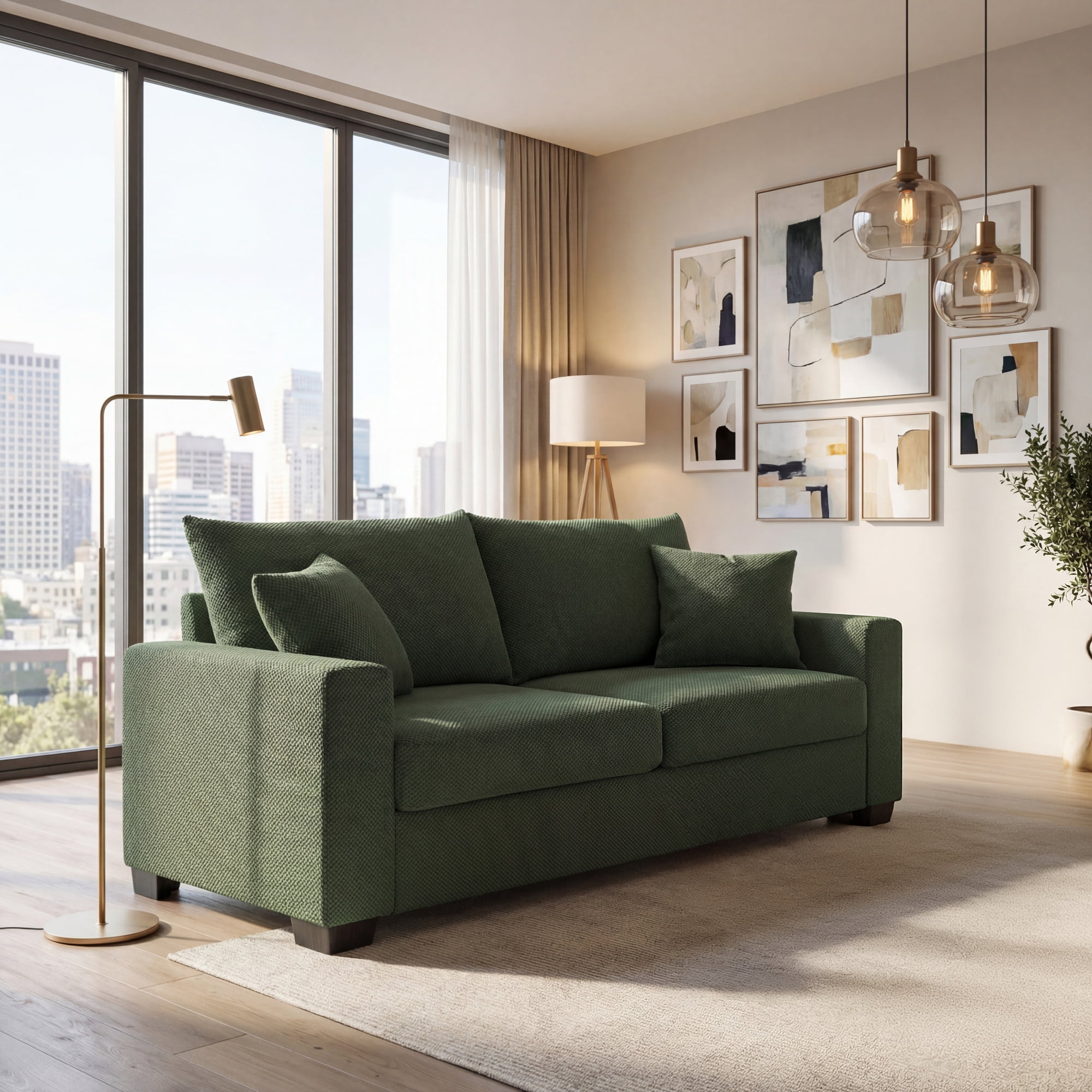 Leumius 69" Sofa for Living Room,Modern 2 Seater Couch for Small Space,Upholstered Loveseat with 2 Throw Pillows,Dark Green
