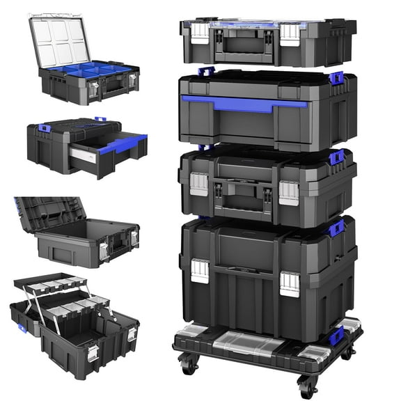 4-Tier Stackable Rolling Tool Box with Clear Top Lid & Drawers | Modular Tool Storage Organizer System on Wheels for Garage, Home Repair, Professional Work