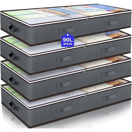 4 Pack 90L Under Bed Storage Containers Visible Closet Organizers Bins with Reinforced Handles,Foldable Underbed Storage Bags with Lids for Clothes,Blankets,Comforters, Sweaters,Pillows, Sheets(Gray)