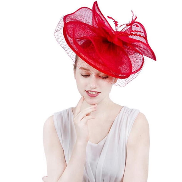Fascinator Hat Feather Party Pillbox Sombrero Flor Derby Sombrero para Mujer - rojo, 11 Yinane Casquillo nupcial de la boda