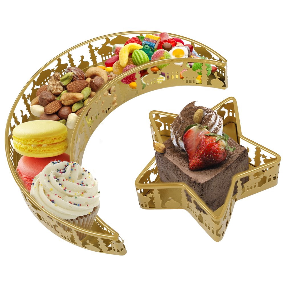 2Pcs Ramadan Serving Dishes Reusable Metal Moon Star Shaped Trays Rustproof Moon Star Plate Tray Delicate Moon Star Serving Tray Ramadan Decoration Plate Washable for Eid Ramadan Food Par