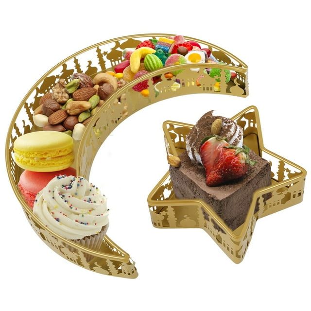 2Pcs Ramadan Serving Dishes Reusable Metal Moon Star Shaped Trays Rustproof Moon Star Plate Tray Delicate Moon Star Serving Tray Ramadan Decoration Plate Washable for Eid Ramadan Food Par