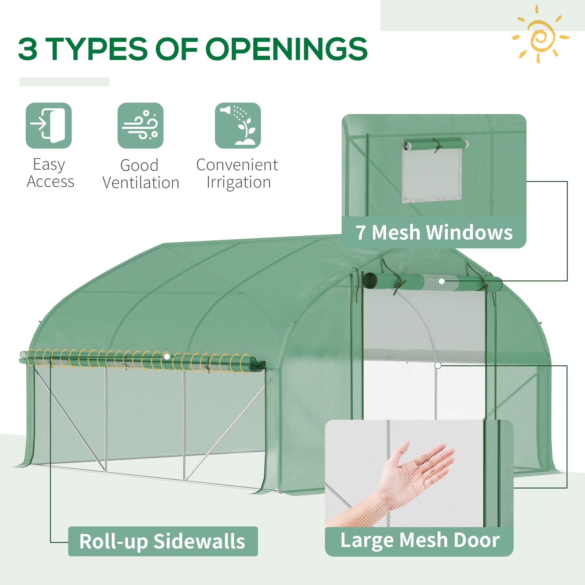 Walk-in Greenhouse with Zippered Mesh Door, 7 Mesh Windows & Roll-up Sidewalls, Upgraded Gardening Plant Hot House with Steel Hoops