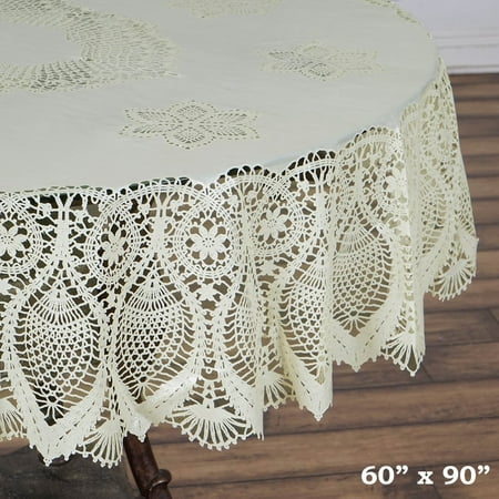 - BalsaCircle 60x90 in Vinyl Tablecloth with Crochet Lace - Ivory