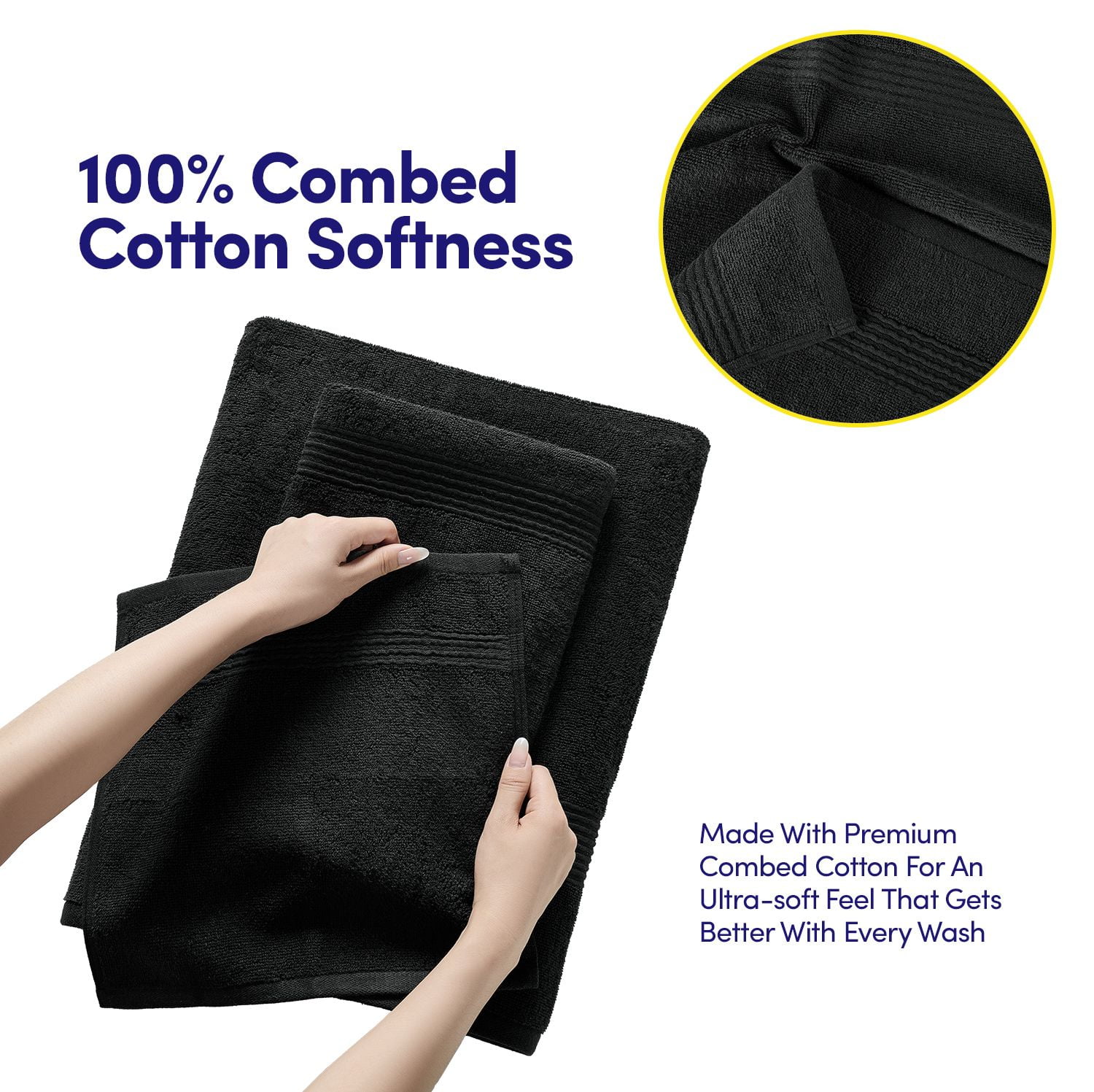 8pc 100% Combed Cotton Towel Set (2 Bath, 2 Hand, 4 Wash) - Black