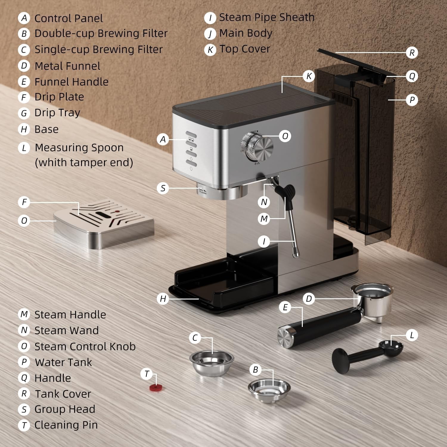KNDKO 20 Bar Espresso Machine, Stainless Steel Coffee Maker Machine with Milk Frother, Steam Wand, PID Control, 40oz Removable Water Tank