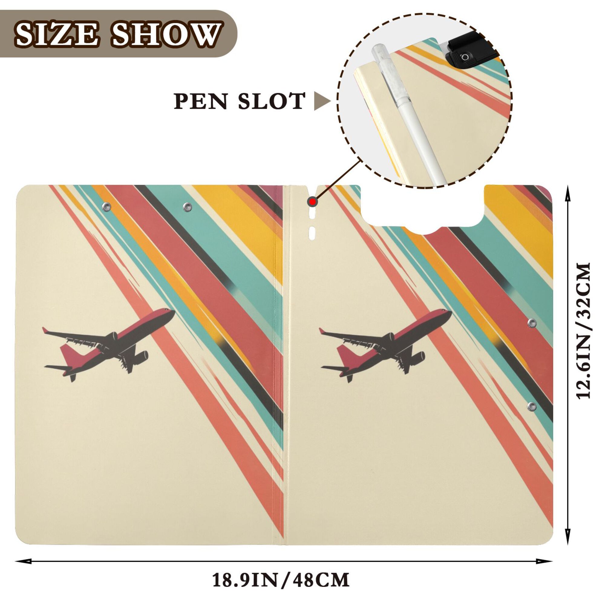 FORMRS A4 Clipboard Folder with Pen Holder Horizontal Foldable School Office Binder, Colorful Plane Stripes