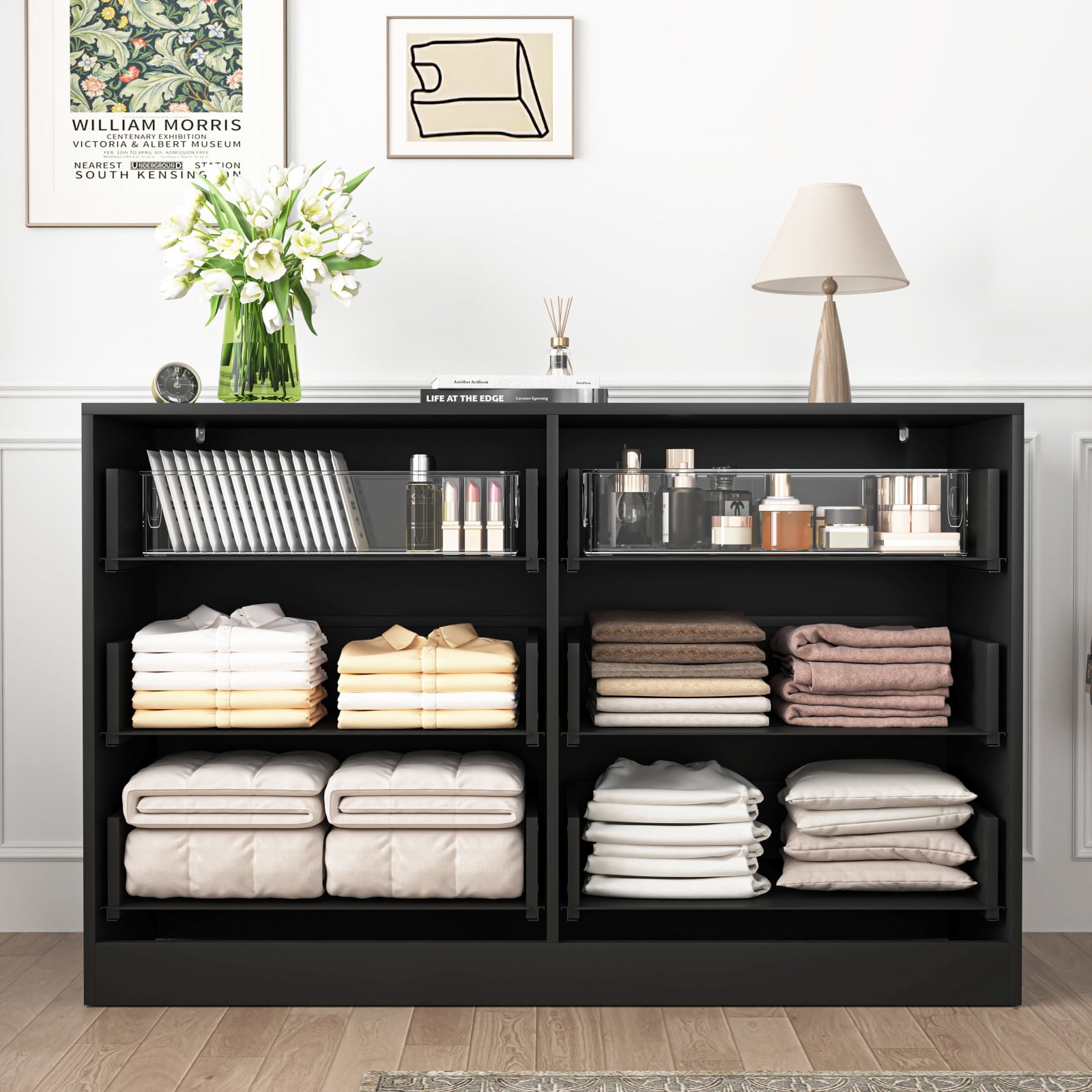 Hommoo Modern 6-Drawer Wavy Patterns Dresser Storage Cabinet Credenza, Chest of Drawers for Bedroom, Living Room, Hallway, and Entryway, Black