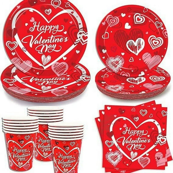 96PCS Valentines Day Tableware Set Serve 24 Guests Happy Valentine's Day plates and napkins party supplies Galentine's Day Valentines Day Decorations Romantic Party Decorations