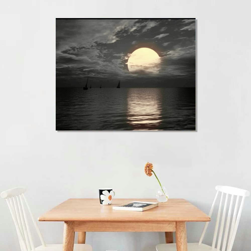 Jiayy  Large Black and White Canvas Full Moon Wall Art Sunset Picture Prints Moon on Sea Ocean Landscape Artwork for Home Decor Framed Ready to Hang 20x16in