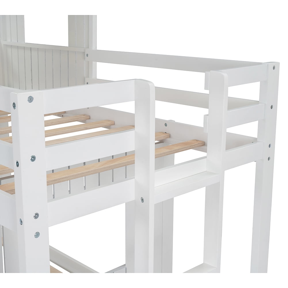 Kepooman Living Harlan Wood Loft Bed, Twin Over Full Bunk Bed, Loft Bed with Playhouse, Farmhouse, Ladder and Guardrails, White Kepooman Living Harlan Wood Loft Bed, Twin Over Full Bunk Bed, Loft Bed with Playhouse, Farmhouse, Ladder and Guardrails, White
