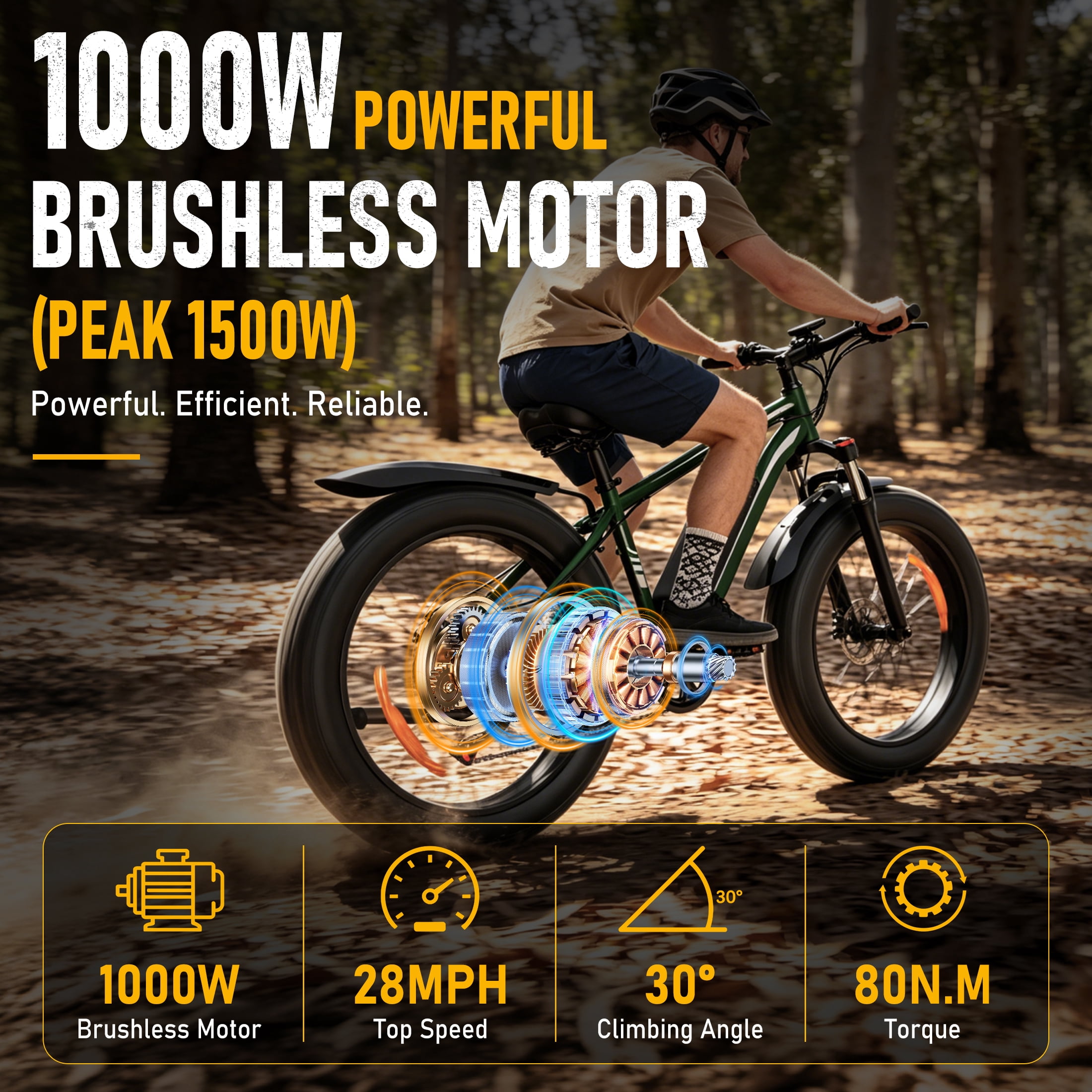 AMYET EB26 Electric Bike for Adults, Peak 1500W 48V 15Ah, 26" Fat Tire Ebike, E-Mountain Bicycle, UL2849