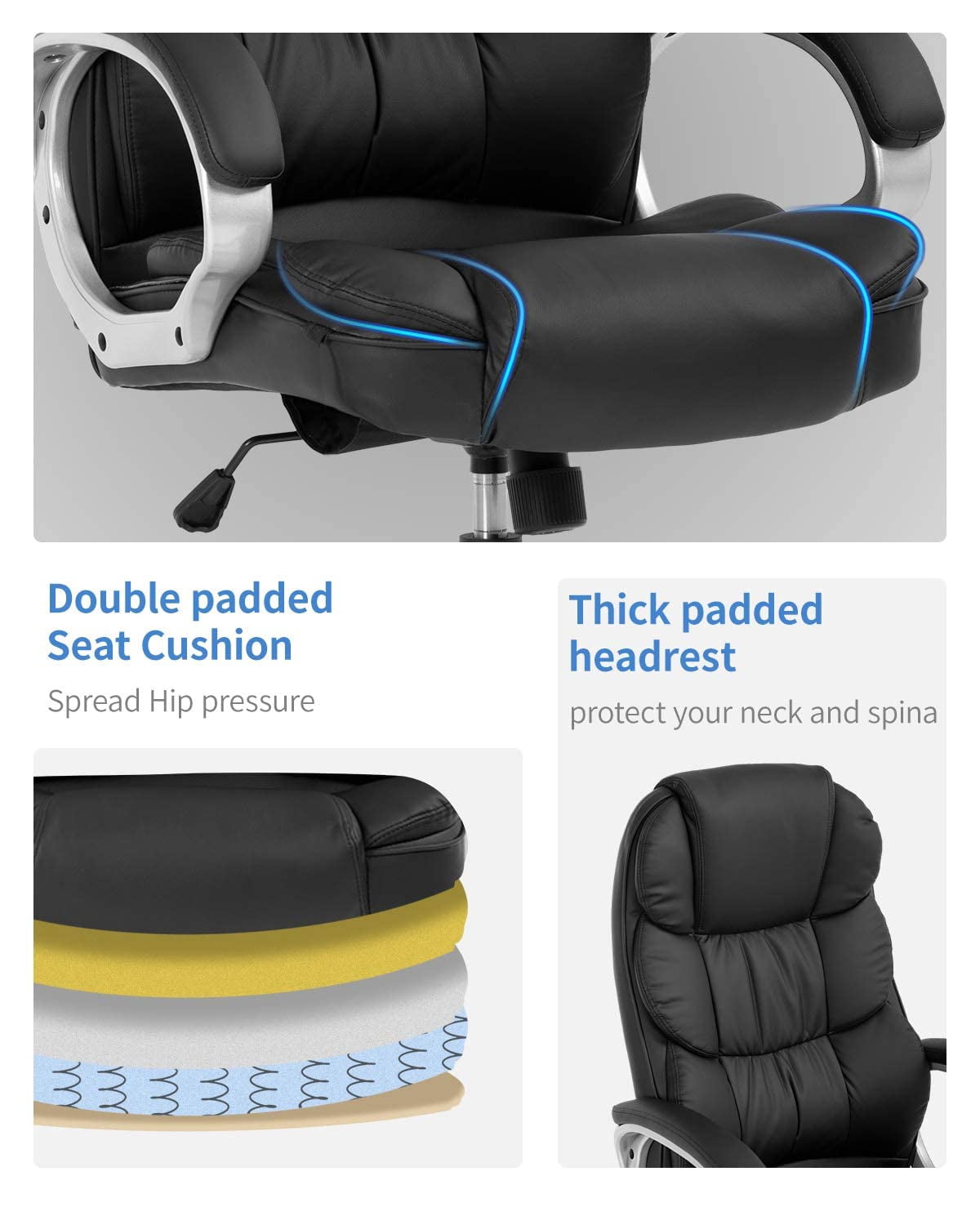 FDW Black Ergonomic Office Chair - PU Leather w/Lumbar Support & Armrests