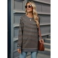 thumbnail image 4 of Womens Casual Striped Long Sleeve Shirt Trendy Crew Neck Slim Loose Fit Basic Blouses Tops Coffee Black XL, 4 of 8