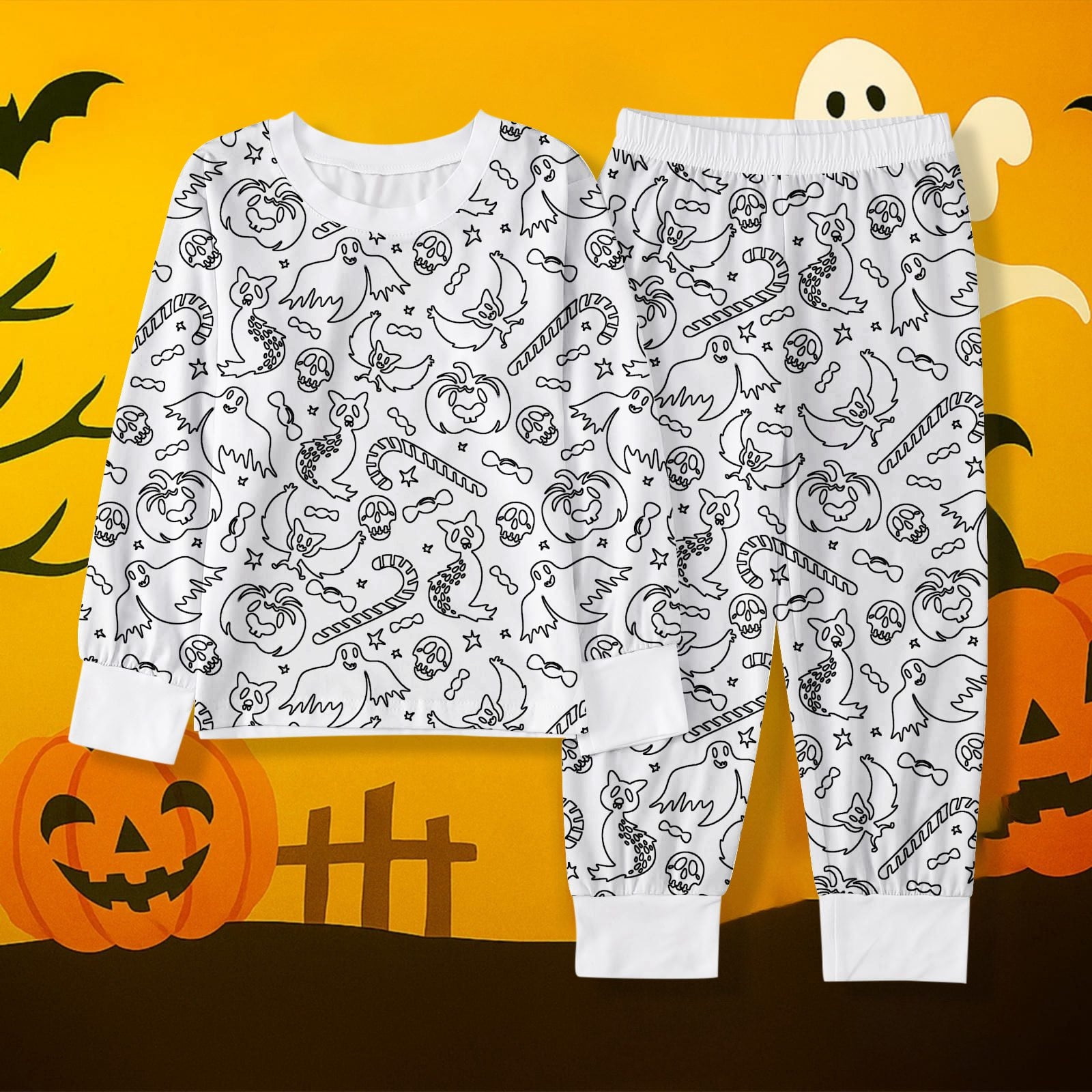 Pyjama Garçon Halloween Manches Longues - Imprimé Chauve-souris/squelette - Taille 2 à 10 Ans - Confortable, Lavable Machine