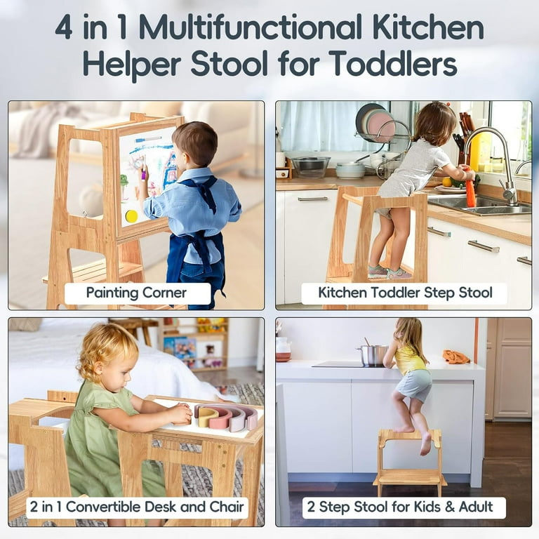 Kids Kitchen Step Stool with Whiteboard and Safety Rail Wooden Toddler Learning Standing Tower Anti Slip Platform Removable Step Stool for Kitchen Counter Bathroom Sink Adult Use Walmart
