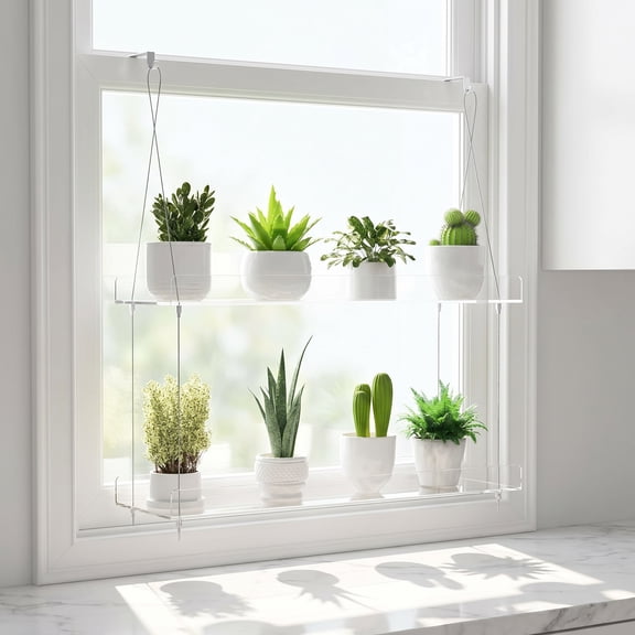 2-Tier Hanging Clear Acrylic Plant Shelves for Windows – Wall Mount Window Plant Stand for Kitchen Indoor Gardens, Flower, Herb, Seedling Organization & Pots Display