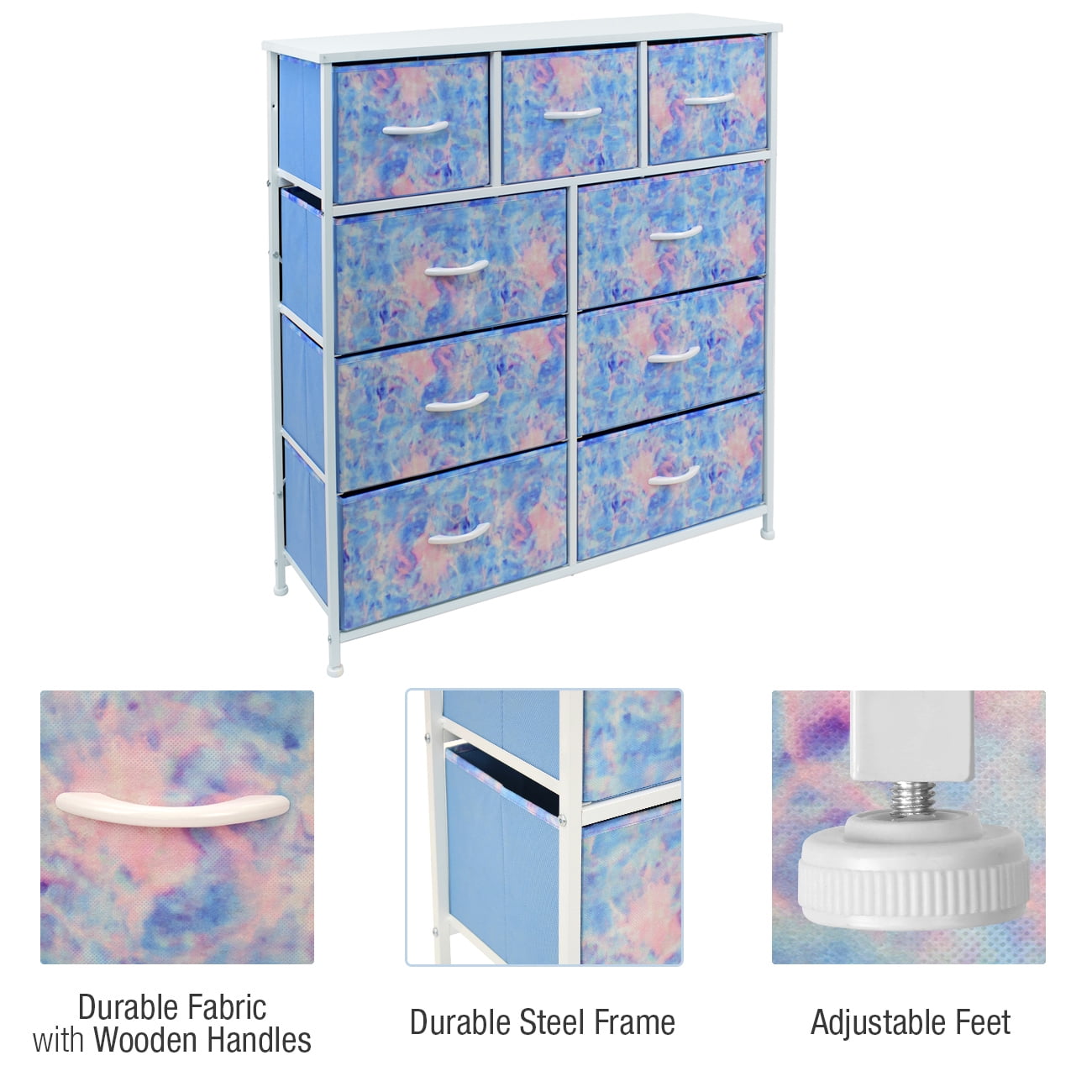 Sorbus 9-Drawer Dresser Nightstand End Table, Steel Frame, Wood Top, Tie-Dye Blue