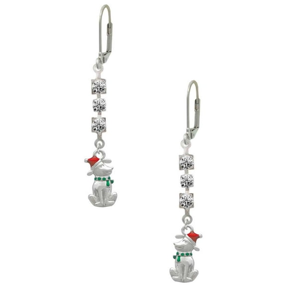 Silvertone 2-D Christmas Dog with Red Hat Crystal Madison Leverback Earrings
