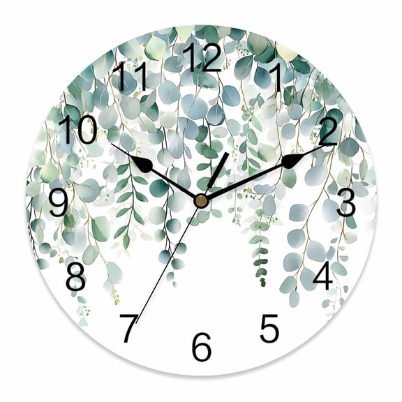 Wall Clock Sage Green Eucalyptus Leaves Clocks PVC Silent Non-Ticking Battery Operated Decorative Spring Leaf Plant Round Clock for Home Living Room Kitchen Bedroom Office School Wall Decor 14 Inch