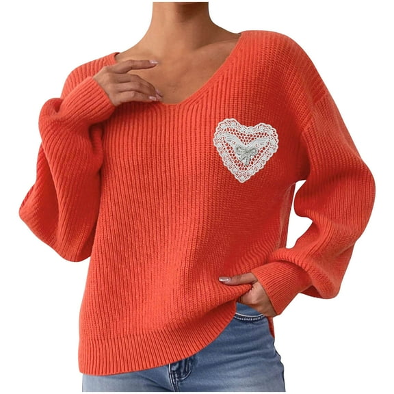 Lenpel Sweaters for Women Trendy V Neck Lantern Long Sleeve Chunky Knit Pullover Tops Casual Loose Fashion Sweaters(Orange,X-Large)