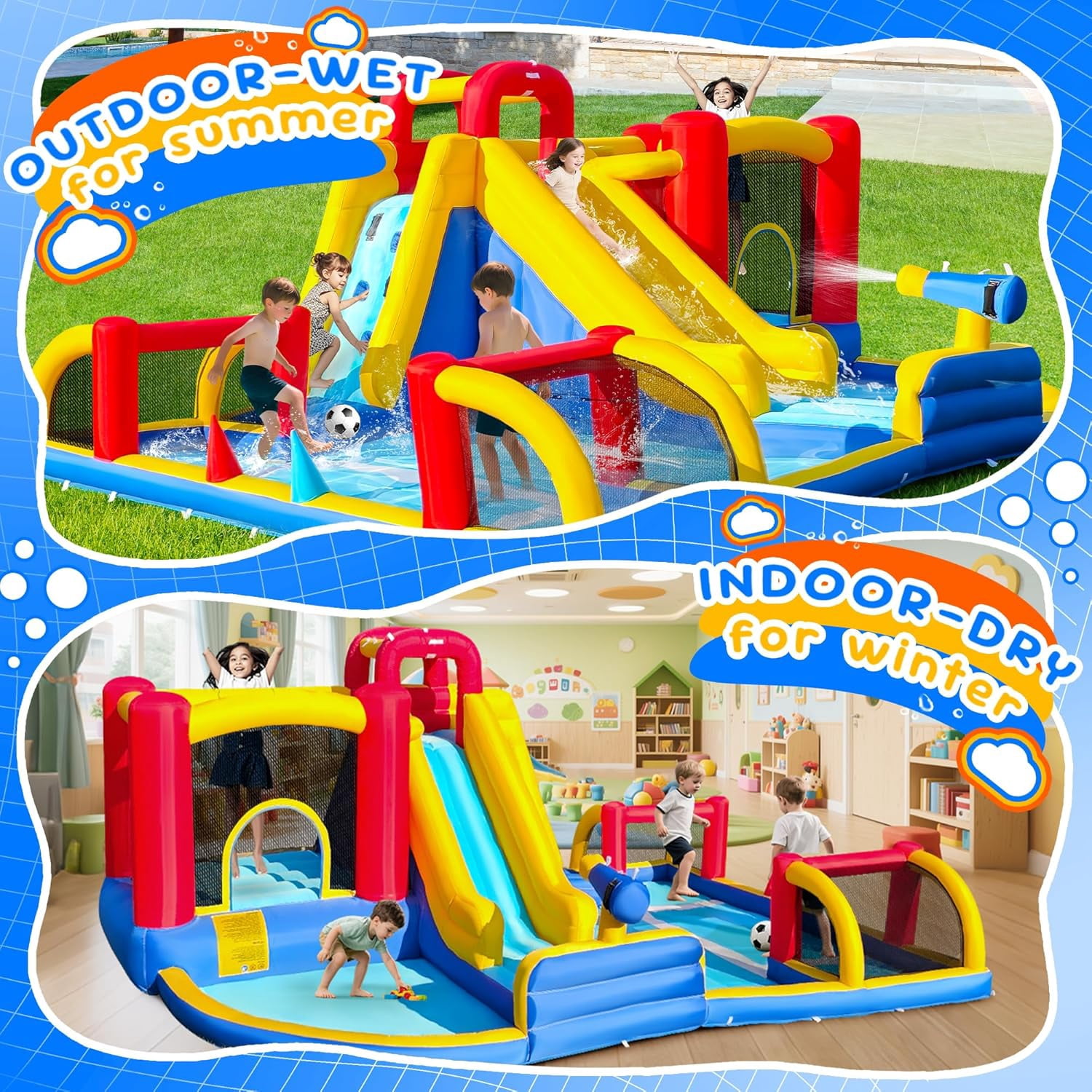 Cuoote Inflatable Water Slide for Kids, 8 in 1 Giant Water Park for Backyard Outdoor with Long Slide, Air Blower, 2 Mins Blow Up