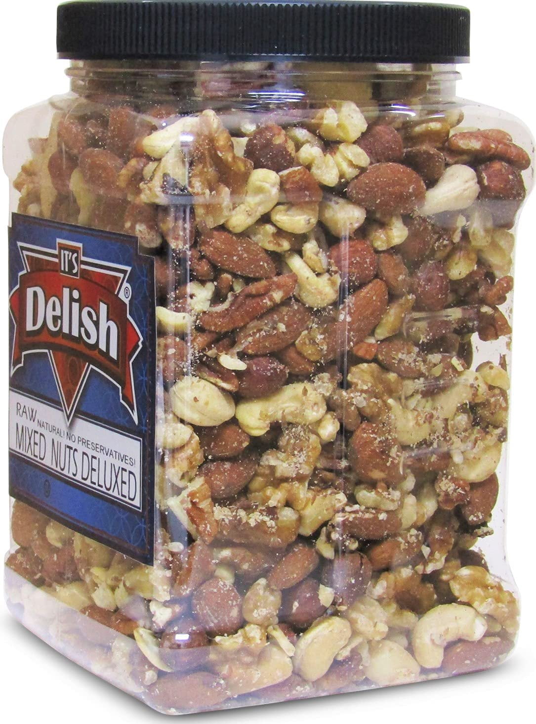 Deluxe Raw Mixed Nuts with No Peanuts by Its Delish, Bulk 2 lbs Jumbo Reusable Container  Premium Raw Unsalted Nut Mix Without Peanuts  Great for Parties, Snacking and Salads - Keto, Vegan, Kosher