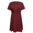 thumbnail image 4 of Summer Dresses for Women Short Sleeve Solid V Neck Short Mini Dress Casual Loose Button Ruched A Line T Shirts Dress, 4 of 5