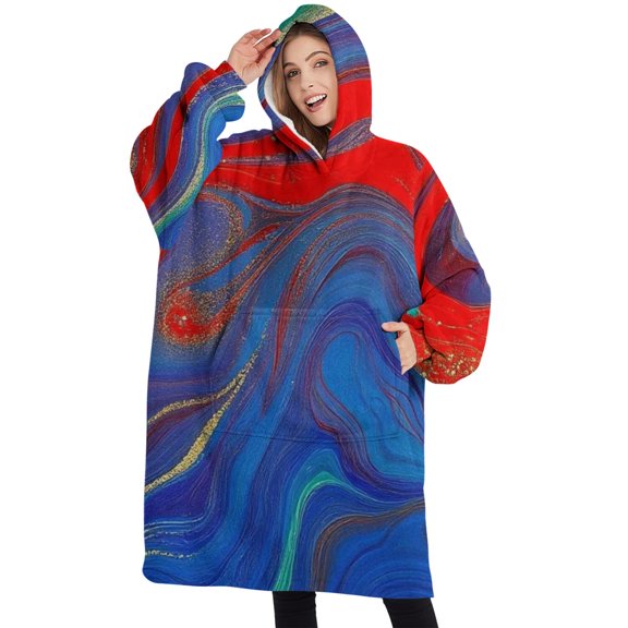 Oversized Wearable Blanket Hoodie,Blue Red Gold Marble Pattern Sherpa Blanket Hoodie with Super Pockets,Super Warm Fuzzy Pullover for Women & Men