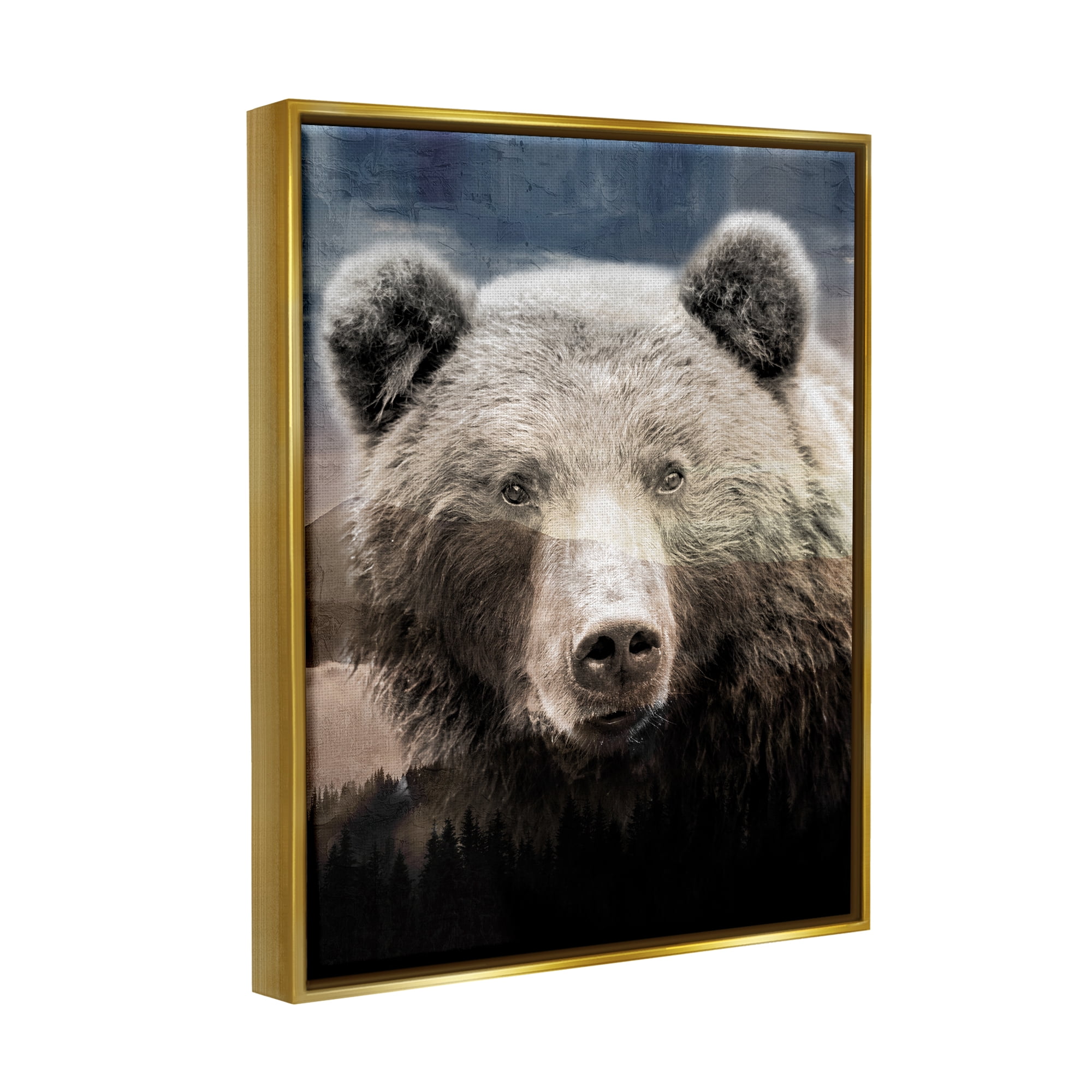 Stupell Industries Grizzly Bear Face Portrait Animals & Insects Painting Gold Floater Framed Canvas Art Print Wall Art, 25 x 31
