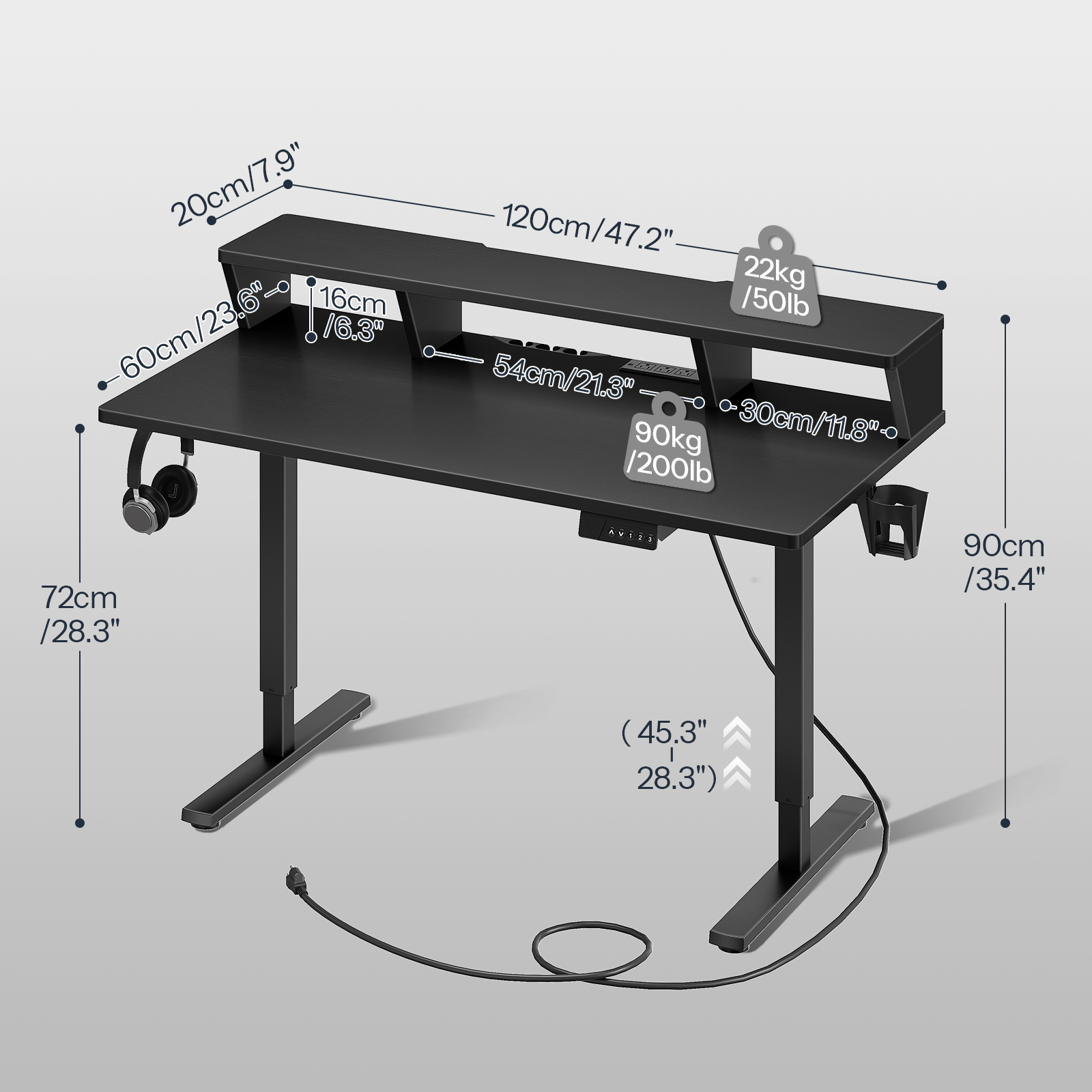 Adjustable Standing Desk with Charging Station - 3 Memory Presets Monitor Shelf Black Gray