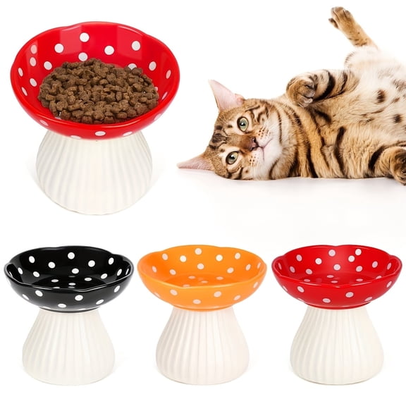 Mushroom Cat Bowl,Whisker Fatigue Cat Bowl,Cute Cat Bowls,Elevated Cat Food Bowl, Lead & Cadmium Free Ceramic Cat Bowls for Food and Water.(Red Yellow)