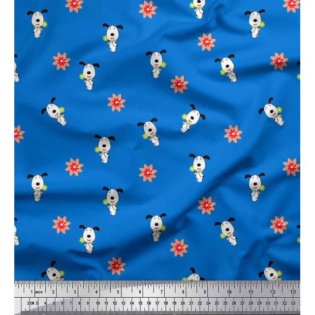 Soimoi Polyester Crepe Fabric Floral & Dog Cartoon Print Fabric by Yard 42 Inch Wide
