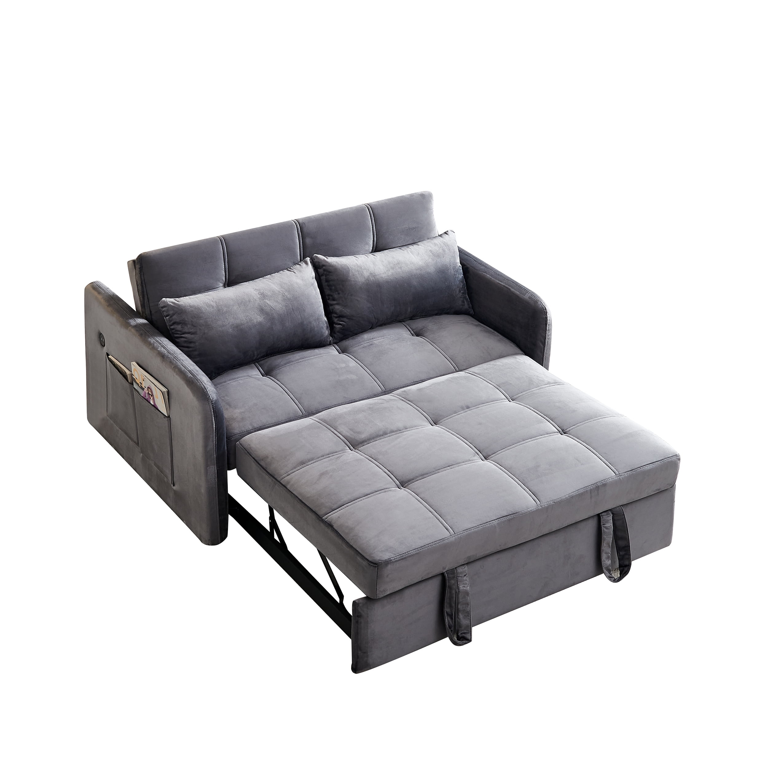 DEALTOPS 55.5" Pull Out Loveseats Sleeper Sofa Bed with USB Ports and Side Pockets, Gray