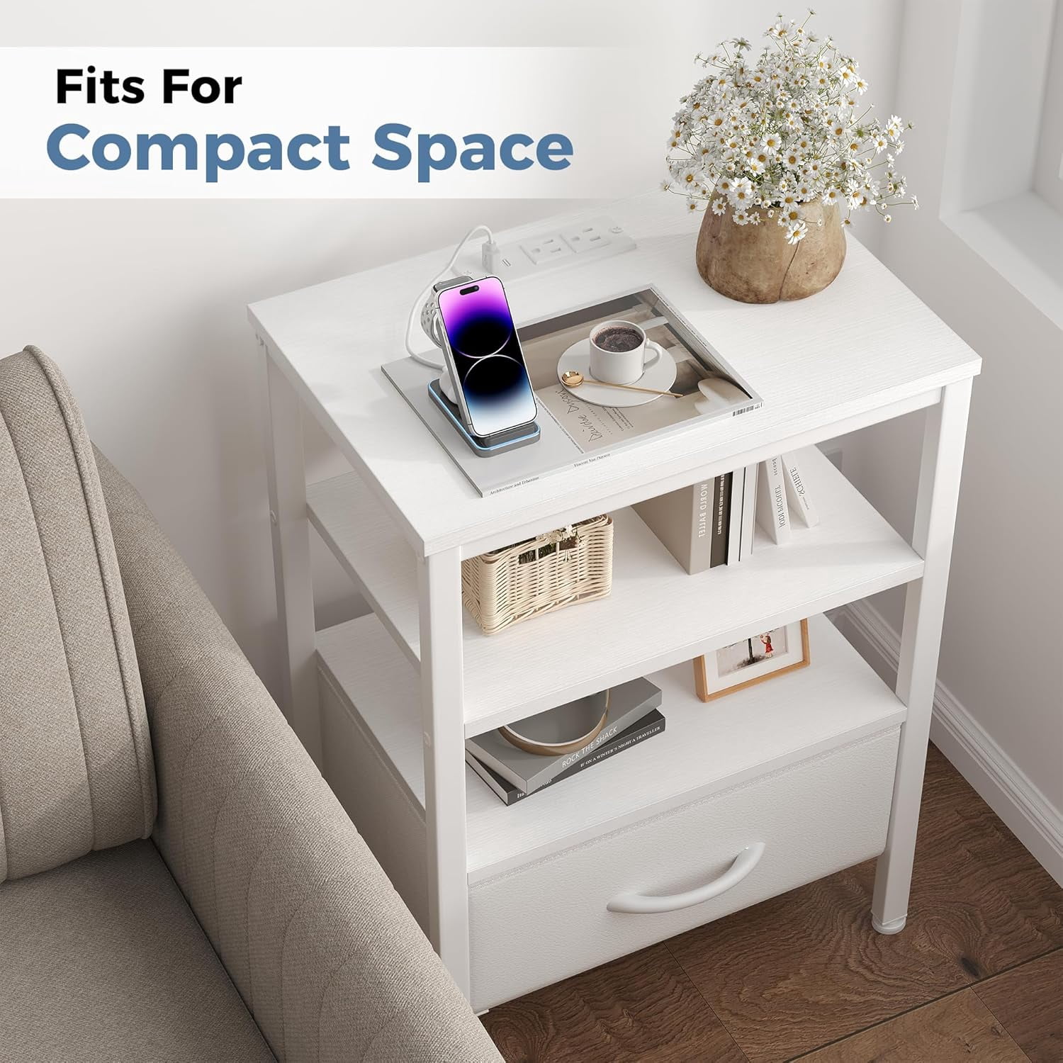 JIOABL 1 Drawer Nightstand with USB & Type-C Charging, Fabric Drawers, Metal Frame, White