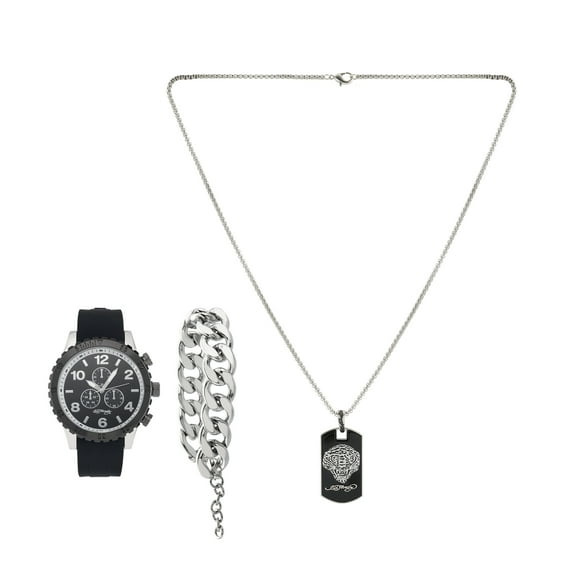 Ed Hardy Men's Matte Black Silicone Strap 46mm Analog Watch w/ Necklace & Bracelet