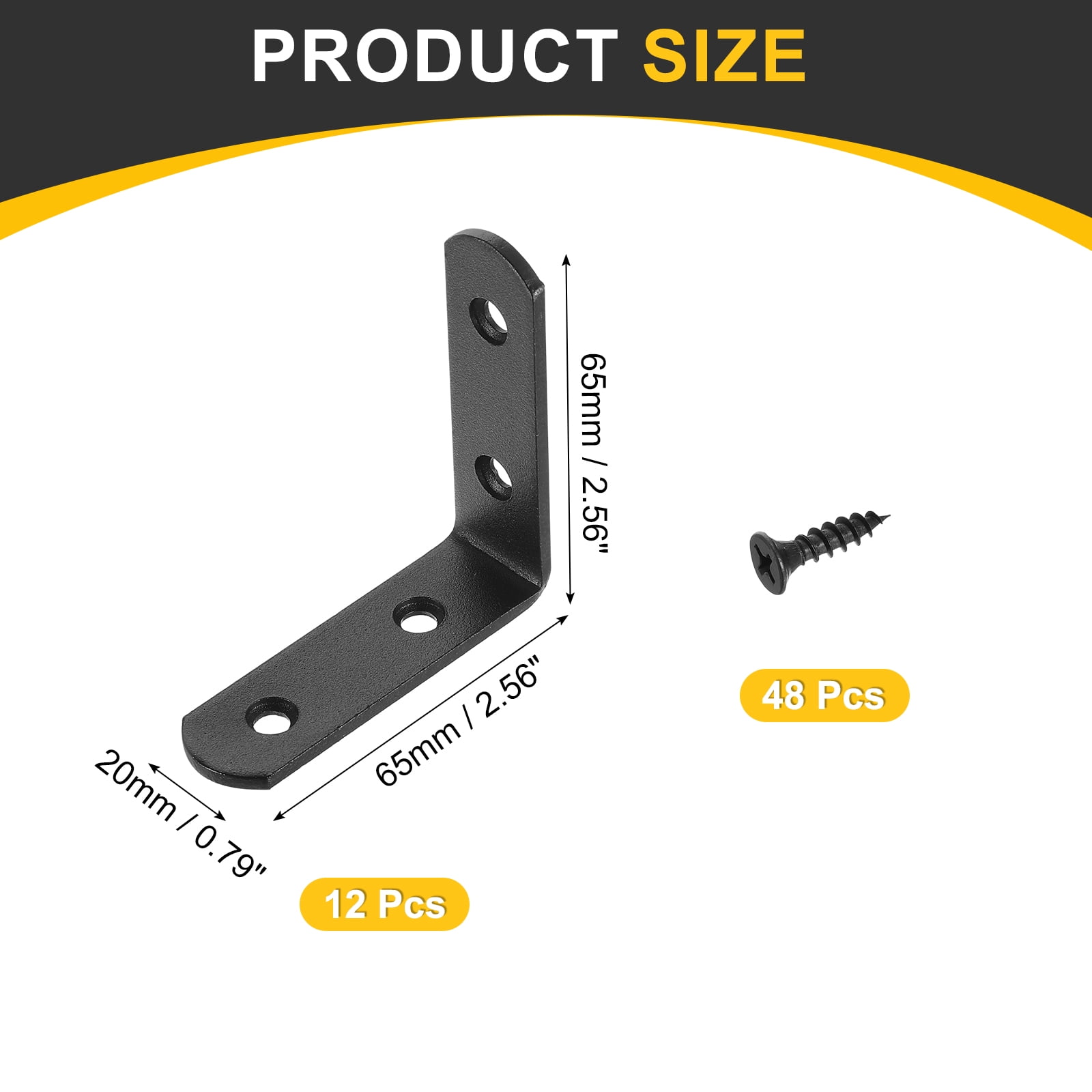 12Pcs L-Shaped Brackets Corner Brace, 2.56"x2.56"x0.79" Corner Bracket Shelf Bracket Right Angle Brackets for Wood Shelves Furniture (65x65x20mm, Black)