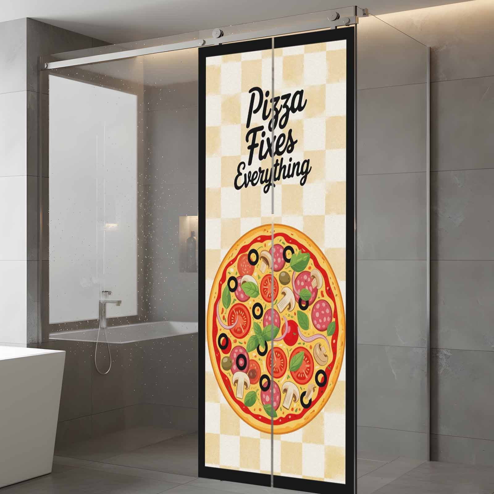Pizzas Window Privacy Film, Retro Pizzas Art Vintage Yellow Plaid Black Borderlines Frosted Glass Window Clings Static Cling UV Heat Blocking Reusable Door Sticker for Bathroom 23.6 x 59 Inch