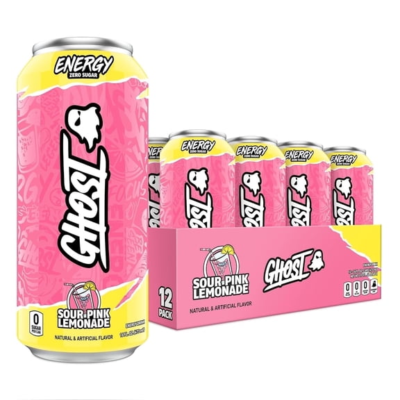 GHOST Zero Sugar Energy Drink, Sour Pink Lemonade, 16 oz Can, 12 Pk