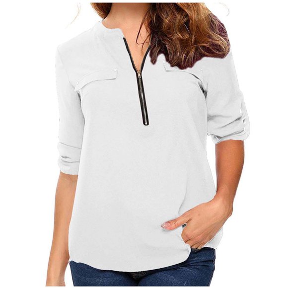 Chbgutlmr Womens Plus Size Tops Zipper V Neck Cuffed Sleeve Slim Fitting Blouses Fall Dressy Casual Shirts